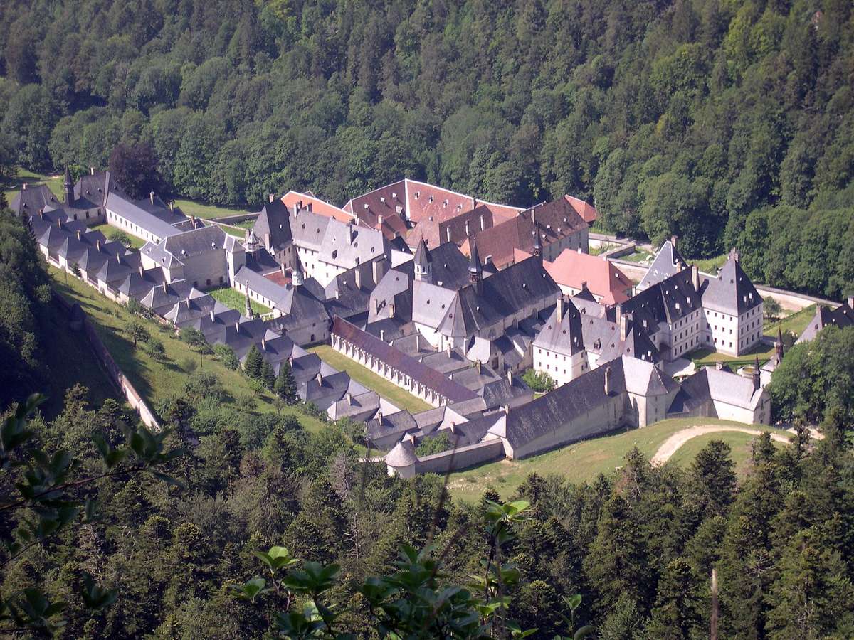 Le monastère de la Grande Chartreuse vu d'en haut, au milieu de la forêt