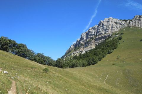 Le col de la Ruchère et ses prairies sous les falaises du Grand Som