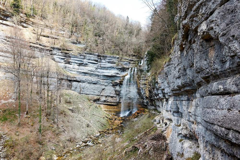 Le Grand Saut des cascades du Hérisson et le sentier sous la falaise